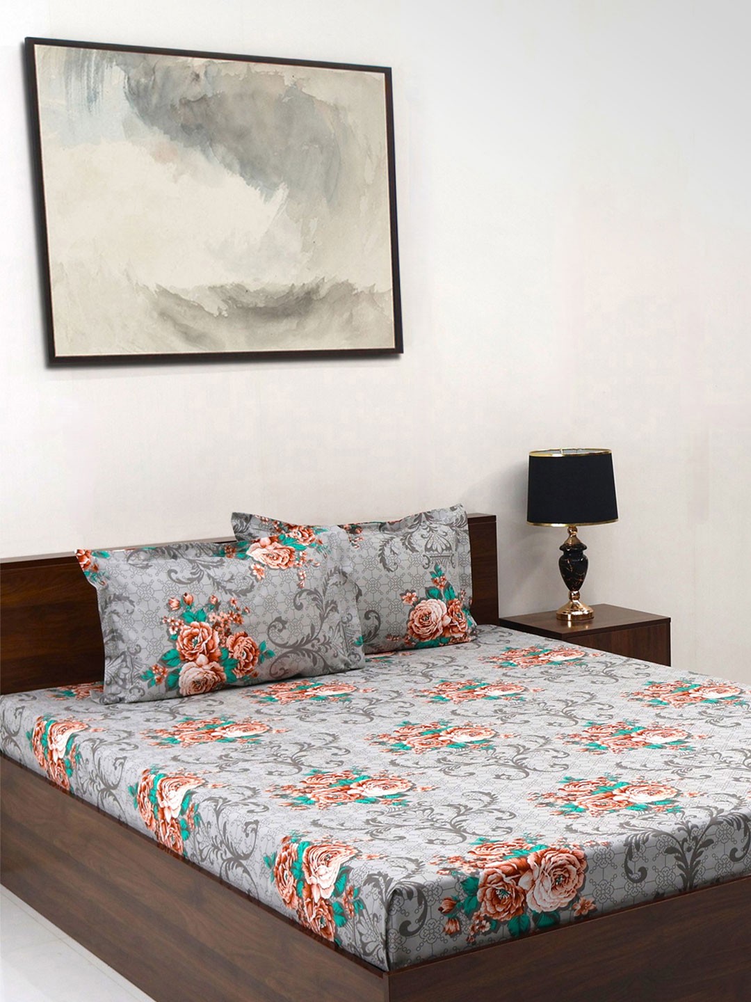 

BOMBAY DYEING Dream Lover Grey Floral Printed Cotton 104 TC King Bedsheet Set 2.74 X 2.74m