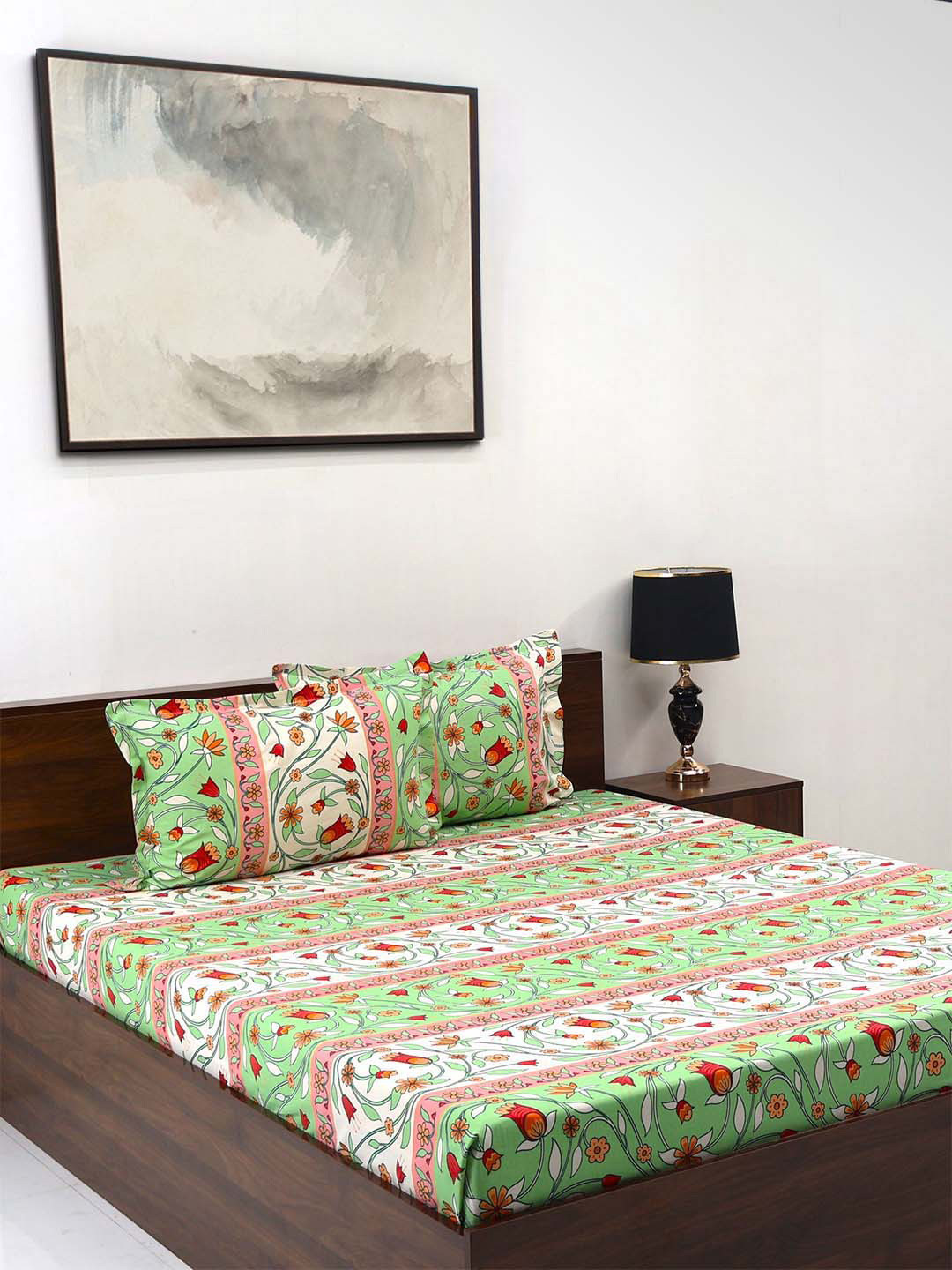

BOMBAY DYEING Cardinal Olive Green Floral 120 TC Cotton Queen Bedsheet Set-2.24 m X 2.54 m