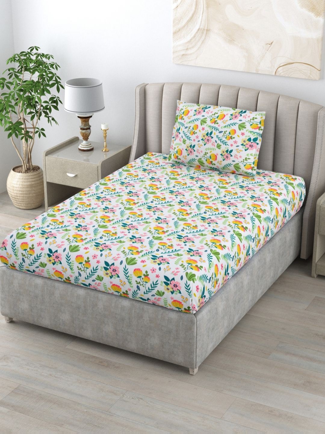 

BOMBAY DYEING Dream Lover Green Floral Cotton 104 TC Single Bedsheet Set 2.24 m x 1.4 m