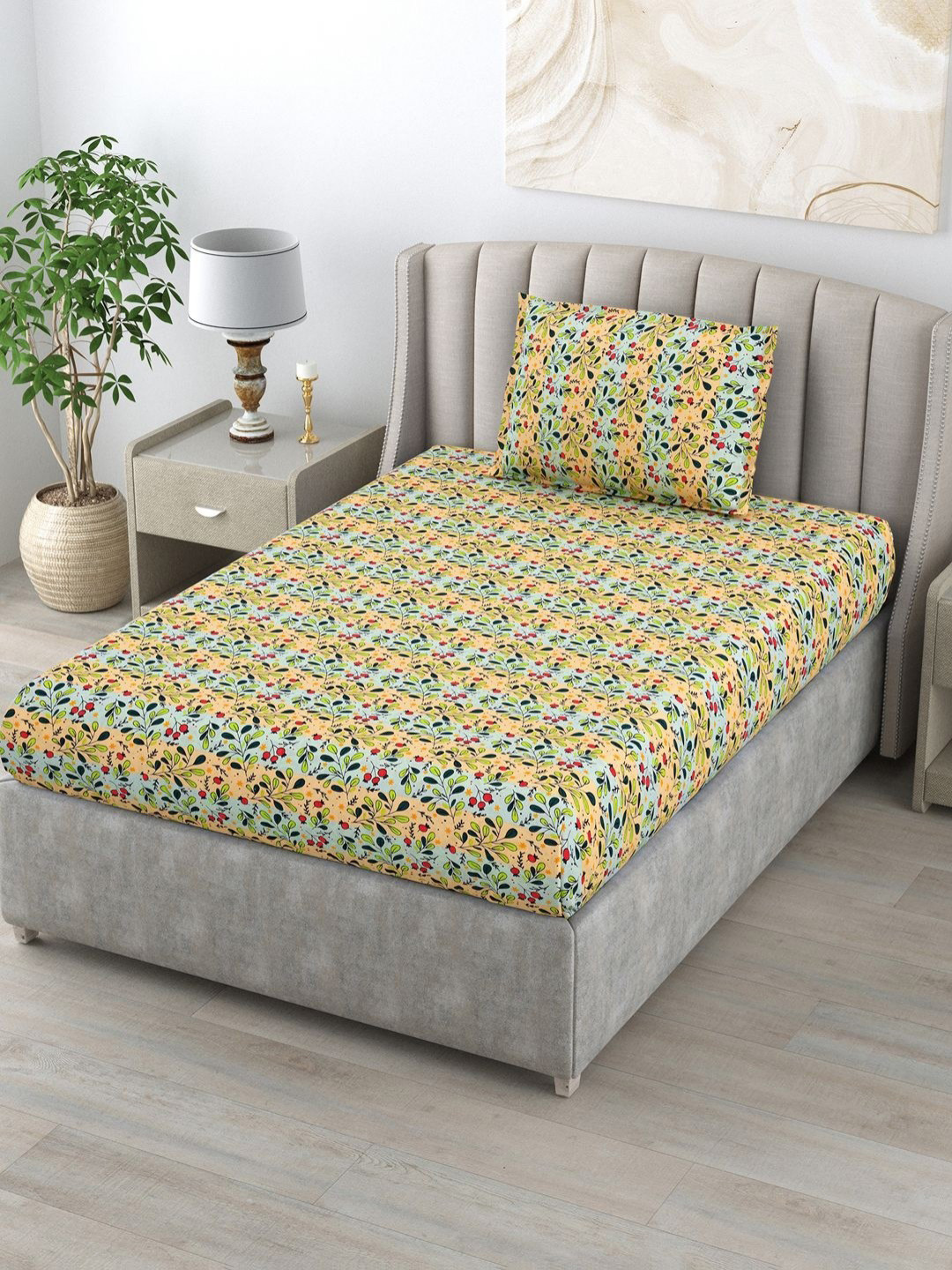 

BOMBAY DYEING Green Floral Printed Cotton 104 TC Single Bedsheet Set 2.24 x 1.4m