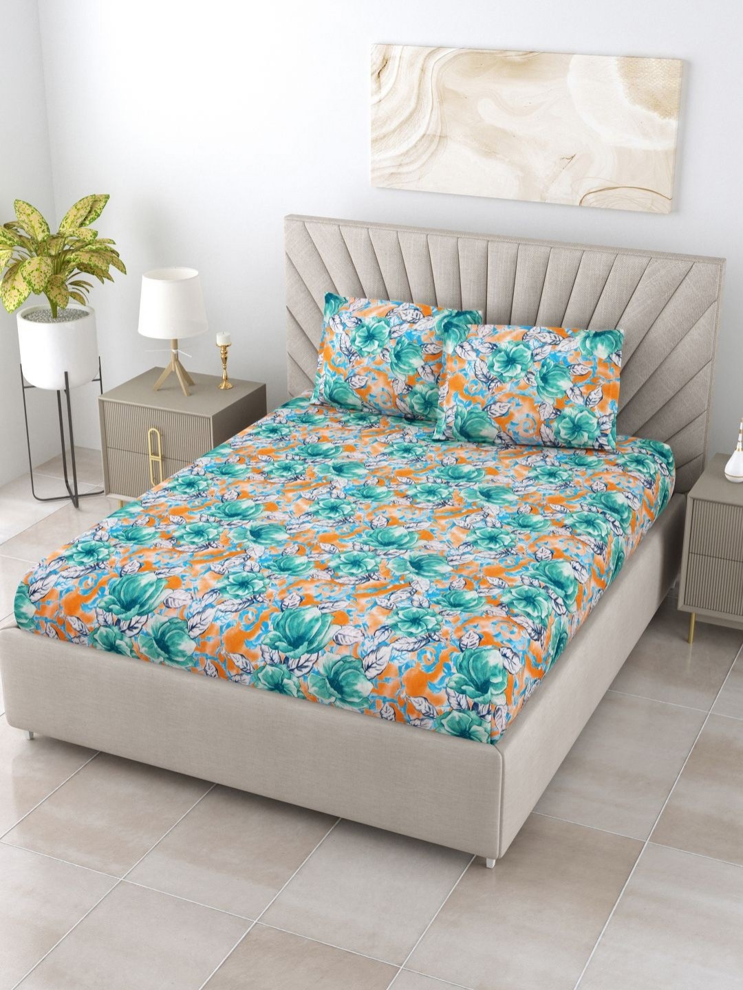 

BOMBAY DYEING Dream Lover Sea Green Floral Cotton 104 TC Queen Bedsheet Set 2.54 x 2.24m