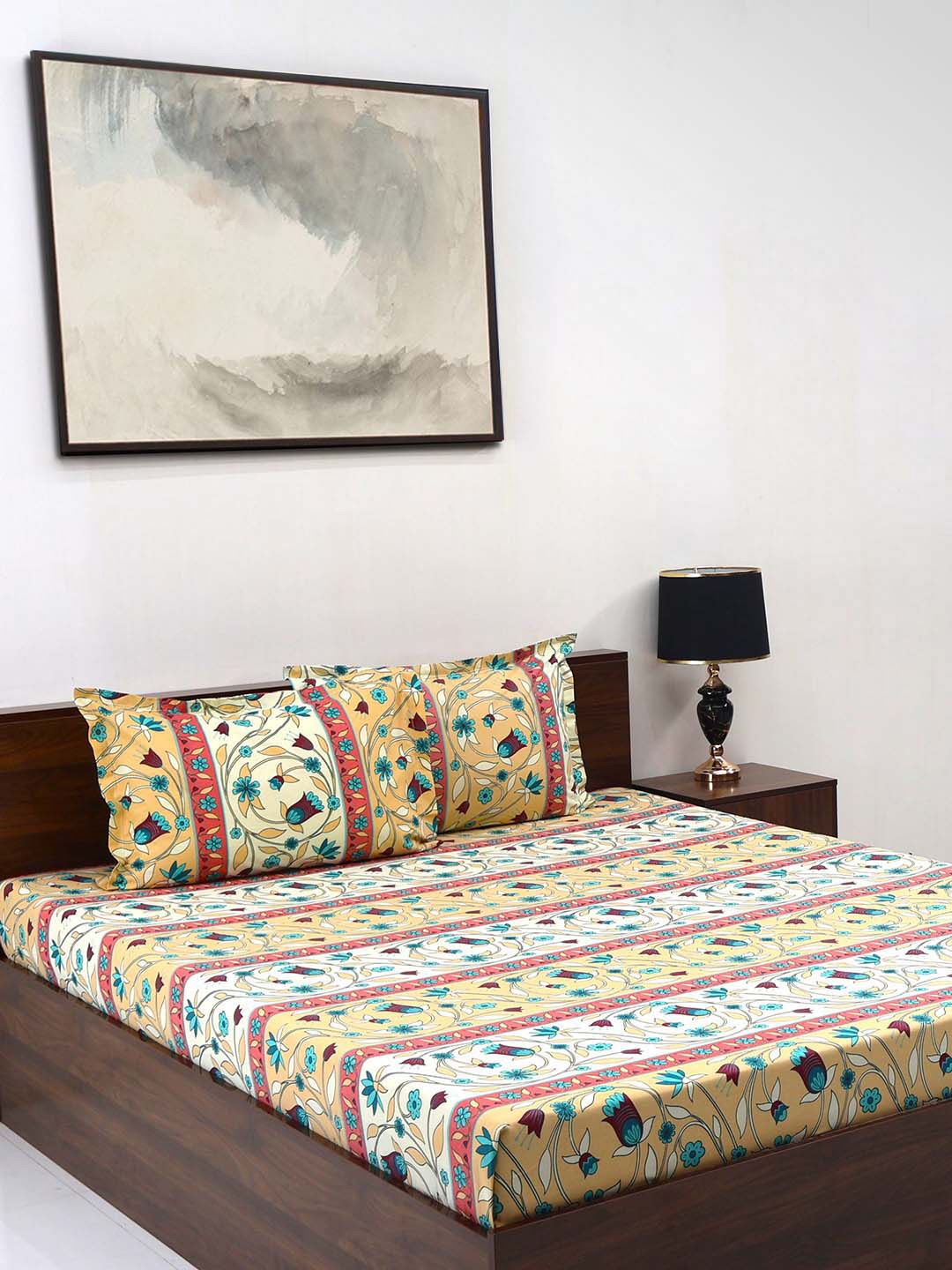 

BOMBAY DYEING Cardinal Beige Floral Cotton 120 TC Super King Bedsheet -2.74 m X 2.74 m