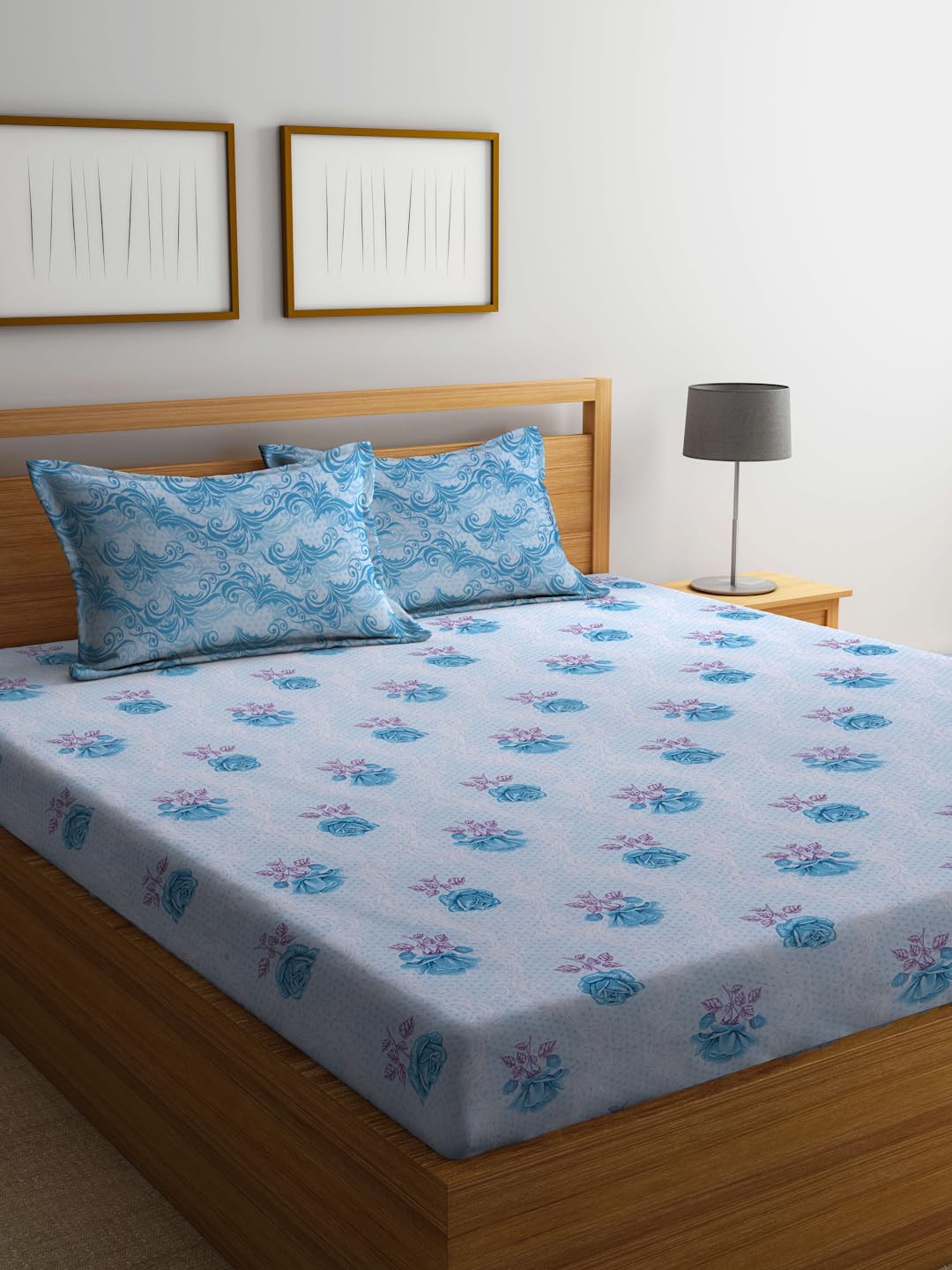 

BOMBAY DYEING Aster Blue Floral Cotton 100 TC Double Queen Bedsheet 2.24 m X 2.44 m