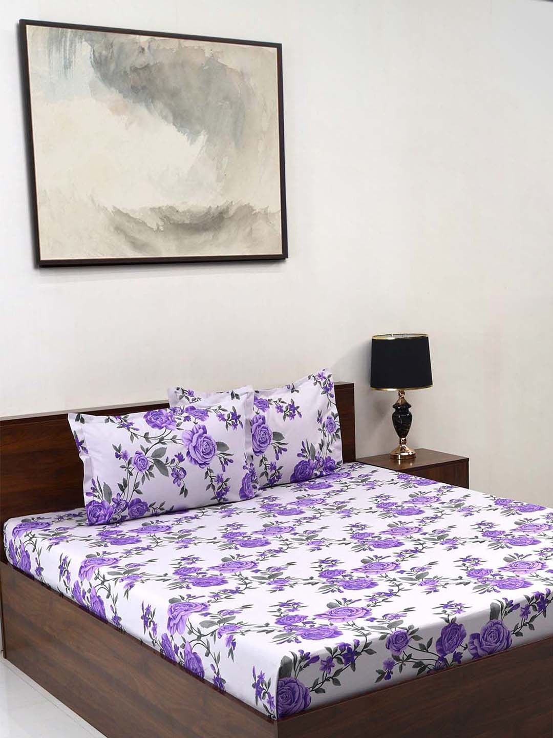 

BOMBAY DYEING Cardinal Purple Floral Printed Cotton 120 TC Queen Bedsheet Set 2.54 x 2.24m