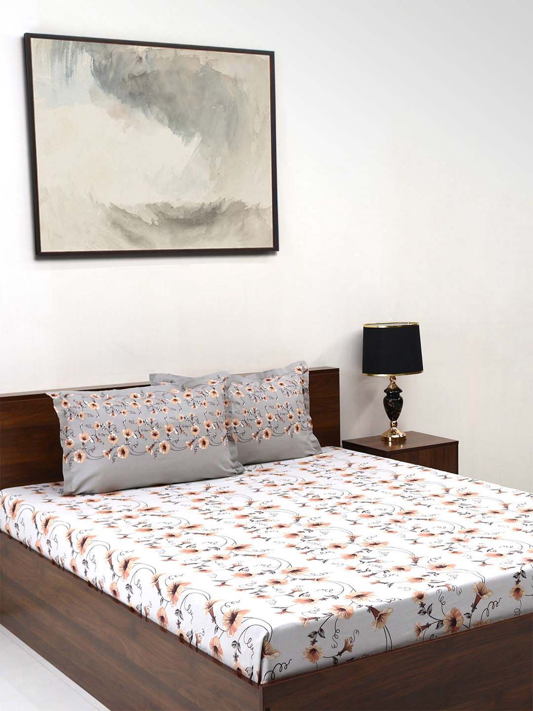 

BOMBAY DYEING Aster Grey Floral 100 TC Cotton Queen Bedsheet Set-2.24 m X 2.44 m