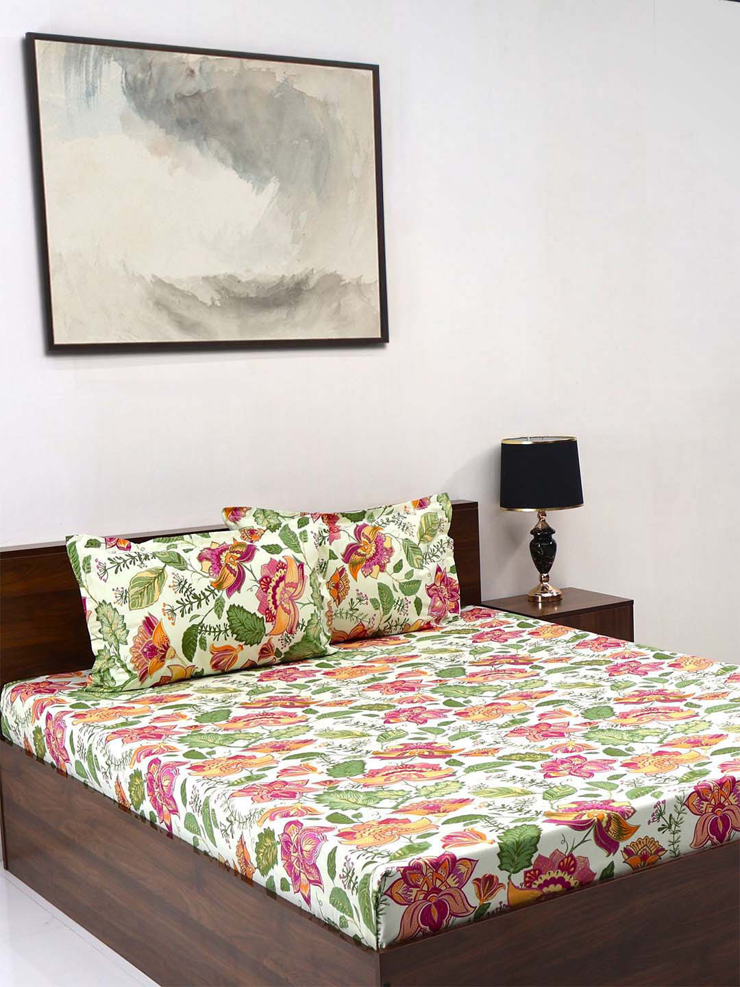 

BOMBAY DYEING Cardinal Green Floral Cotton 120 TC Queen Bedsheet Set-2.24 m X 2.54 m
