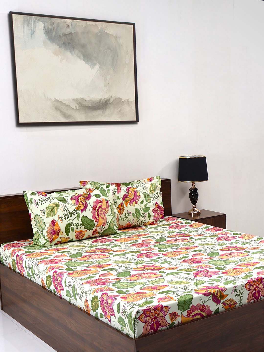 

BOMBAY DYEING Cardinal Green Floral 120 Cotton TC King Bedsheet Set-2.74 m X 2.74 m