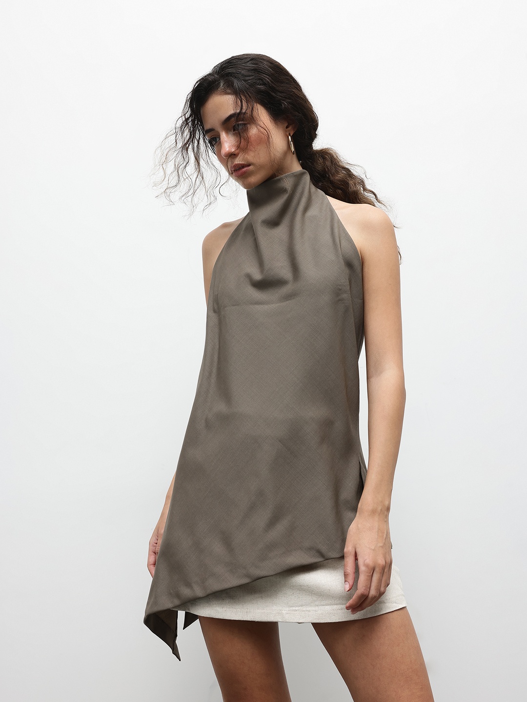 

ZARA Asymmetric Hem Longline Styled-Back Halter Neck Top, Brown