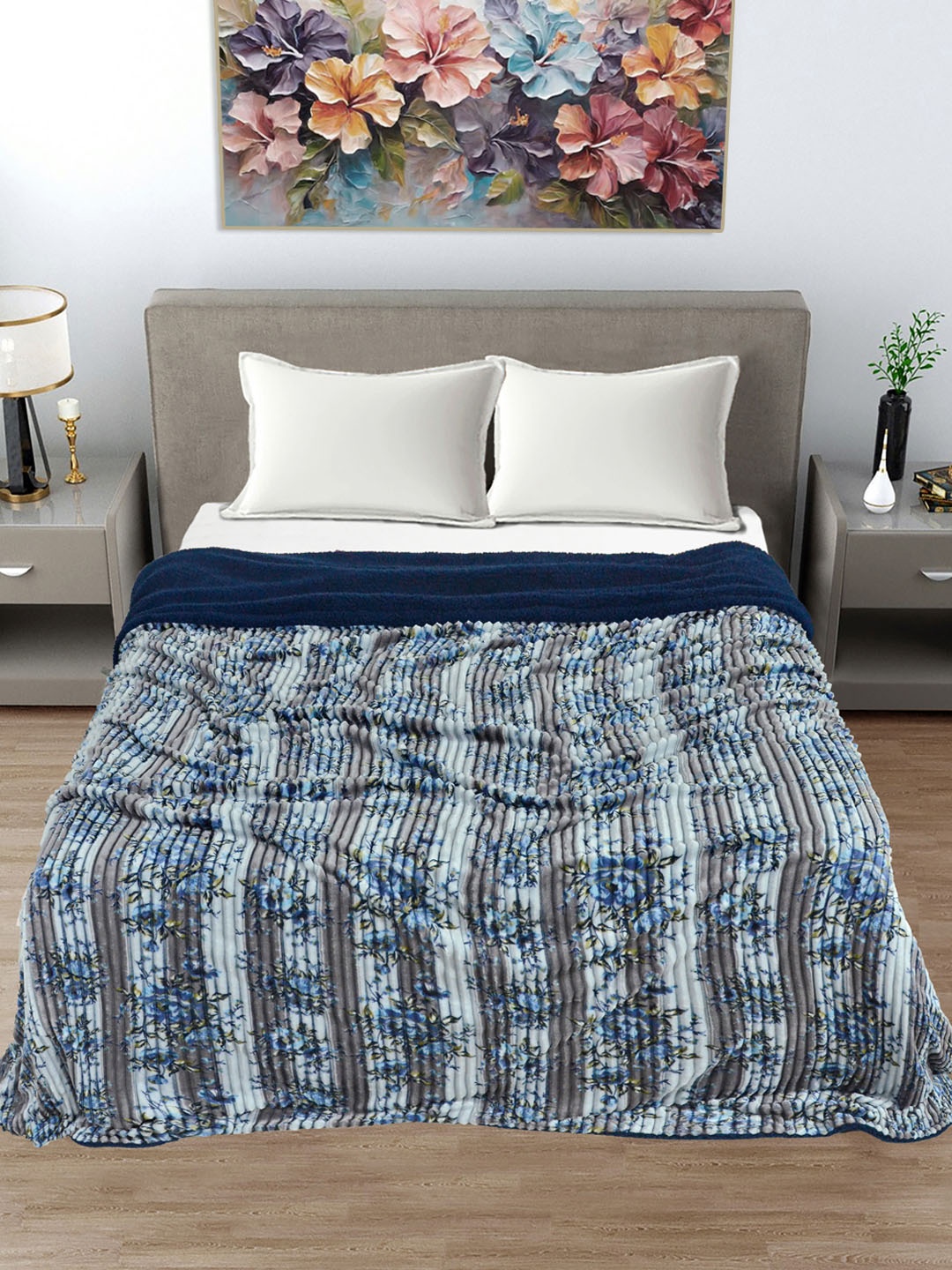 

FABINALIV Grey & Blue Floral Woollen Mild Winter 400 GSM Double Bed Comforter