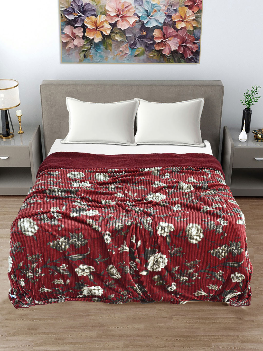 

FABINALIV Maroon & White Floral Woollen Mild Winter 400 GSM Double Bed Comforter
