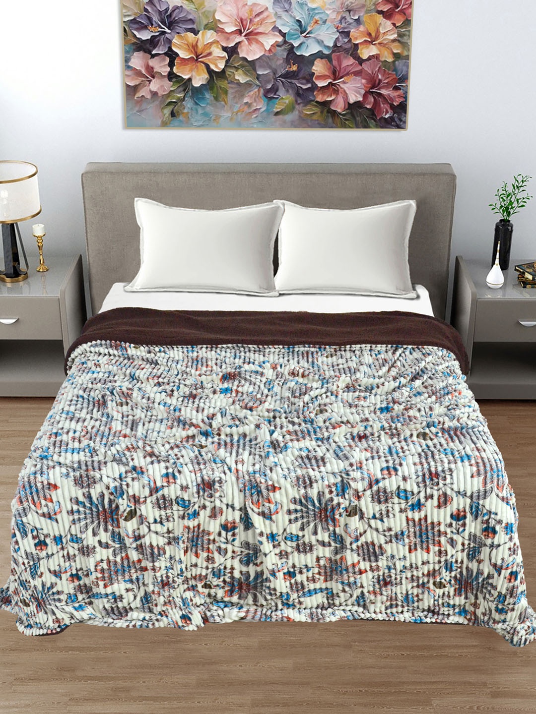 

FABINALIV Off White & Blue Floral Woollen Mild Winter 400 GSM Double Bed Comforter