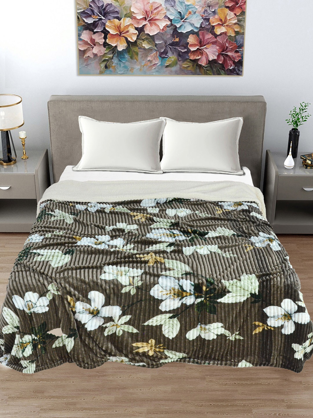 

FABINALIV Taupe & Green Floral Woollen Mild Winter 400 GSM Double Bed Comforter