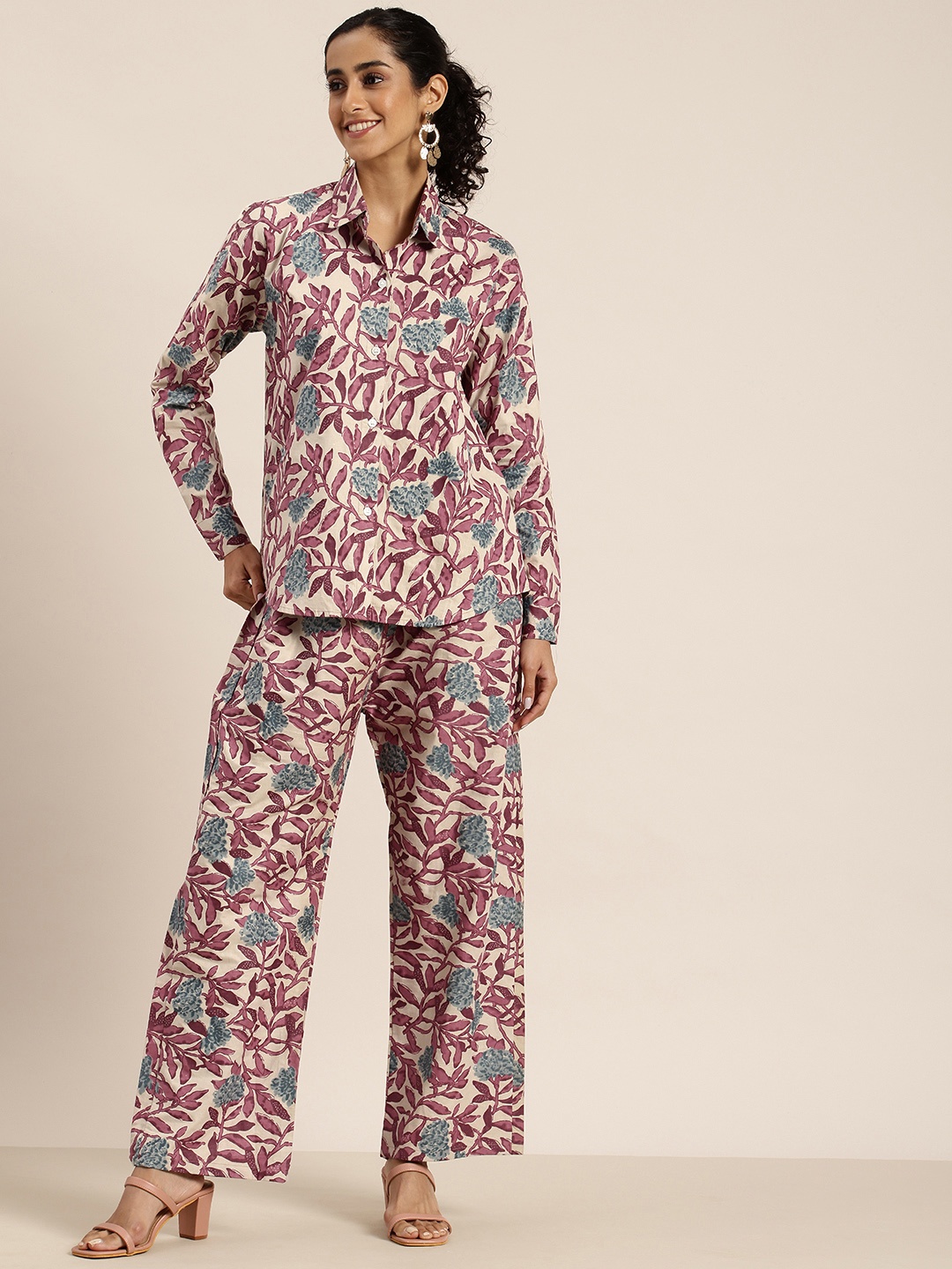 

HERE&NOW Floral Printed Casual Co-ord Set, Beige