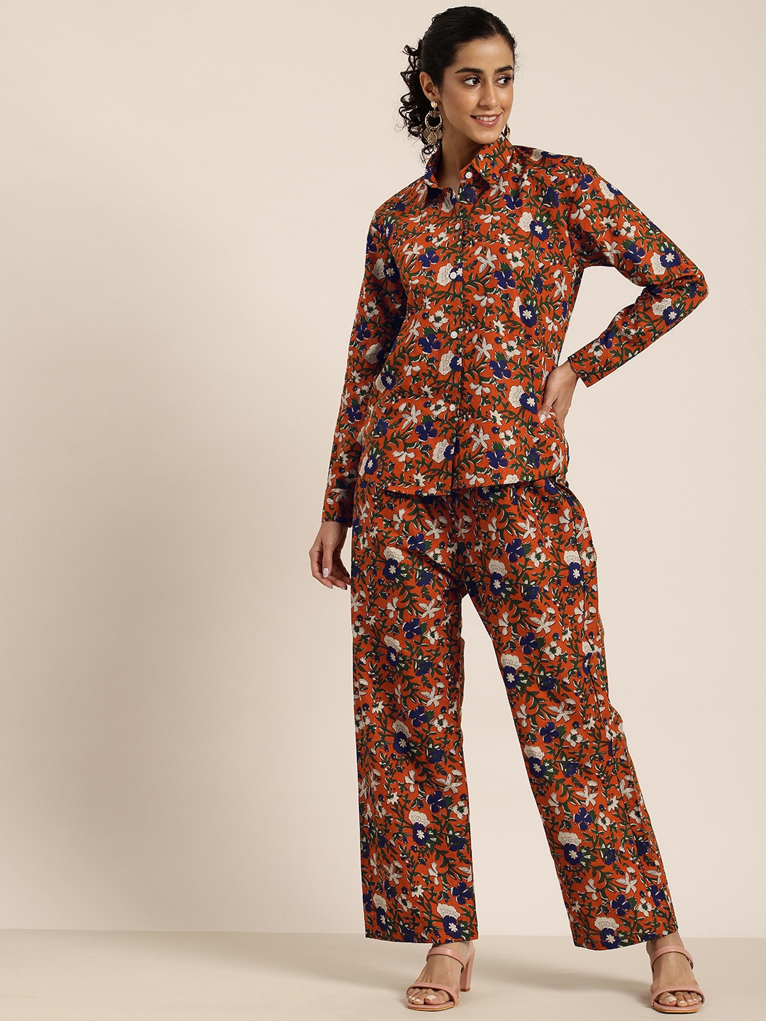 

HERE&NOW Floral Printed Casual Co-ord Set, Orange