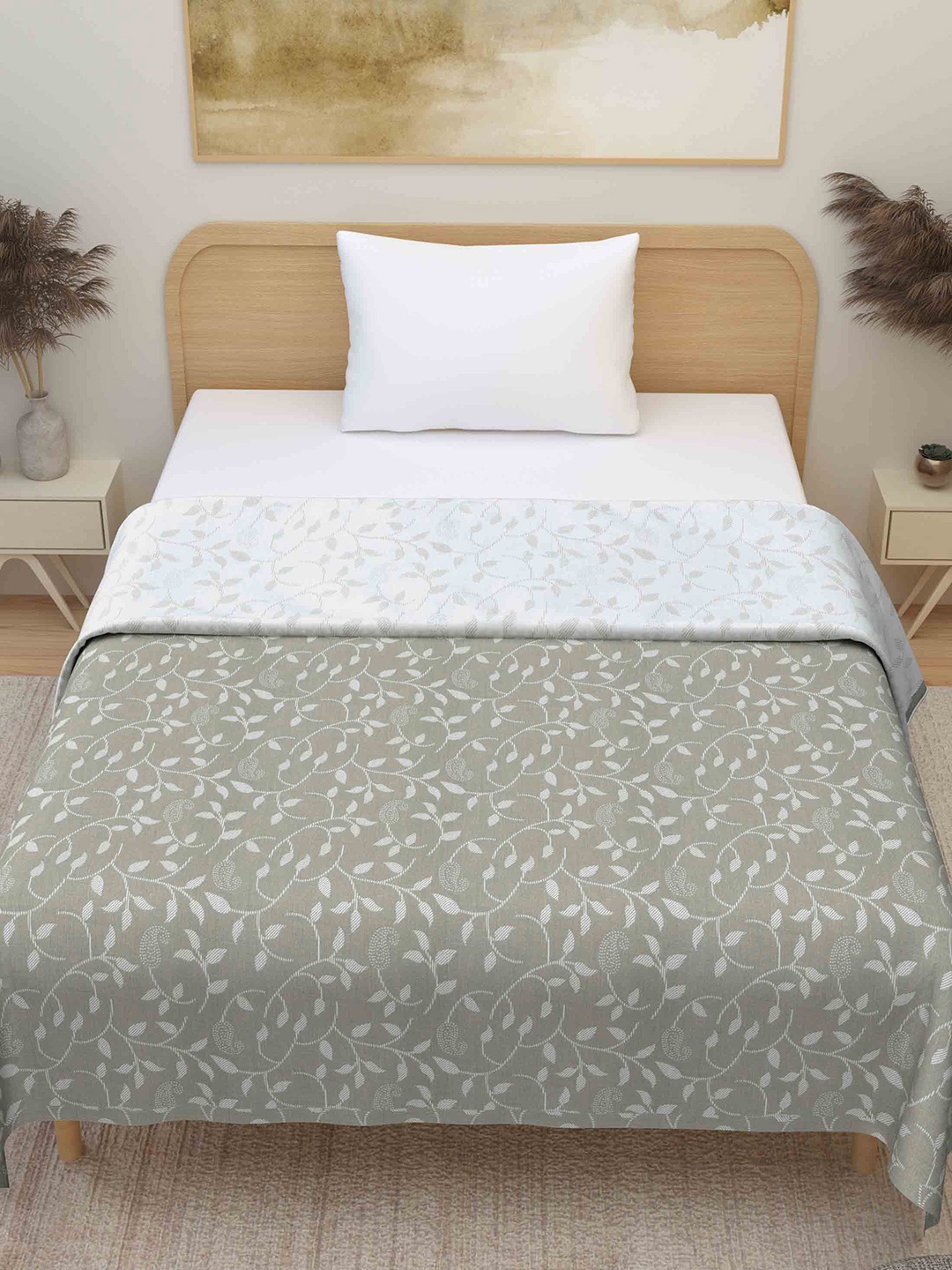 Plarsh Comfort Grey Floral 300 GSM Premium Soft Pure Cotton Reversible Single Bed