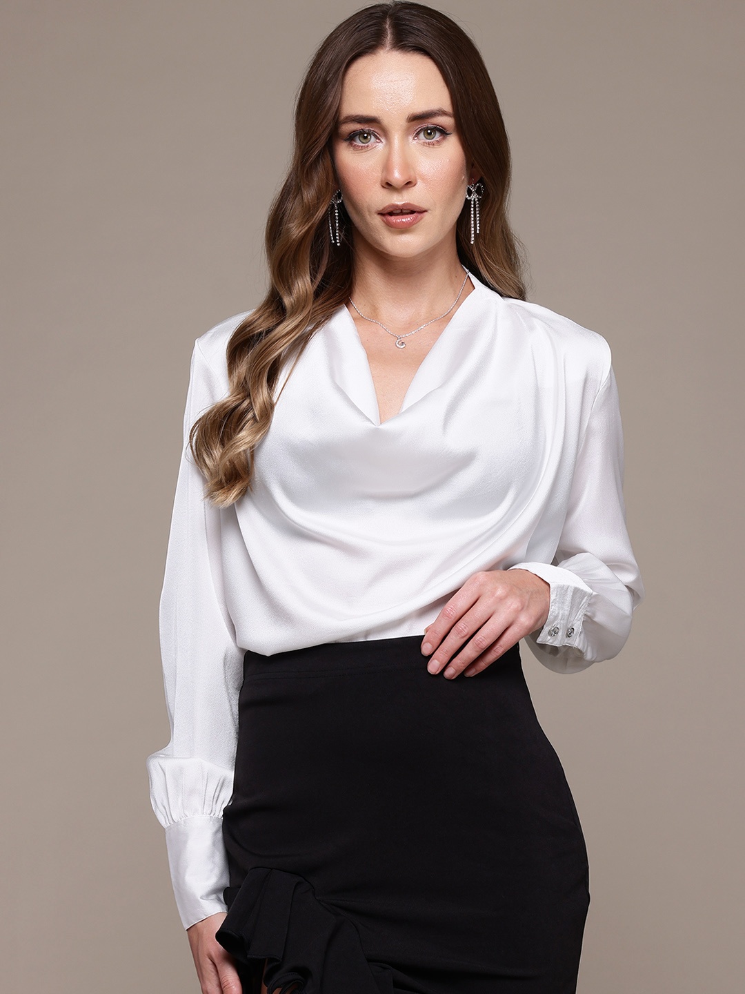 

bebe Future Glam Satin Finish Cowl Neck Top, White