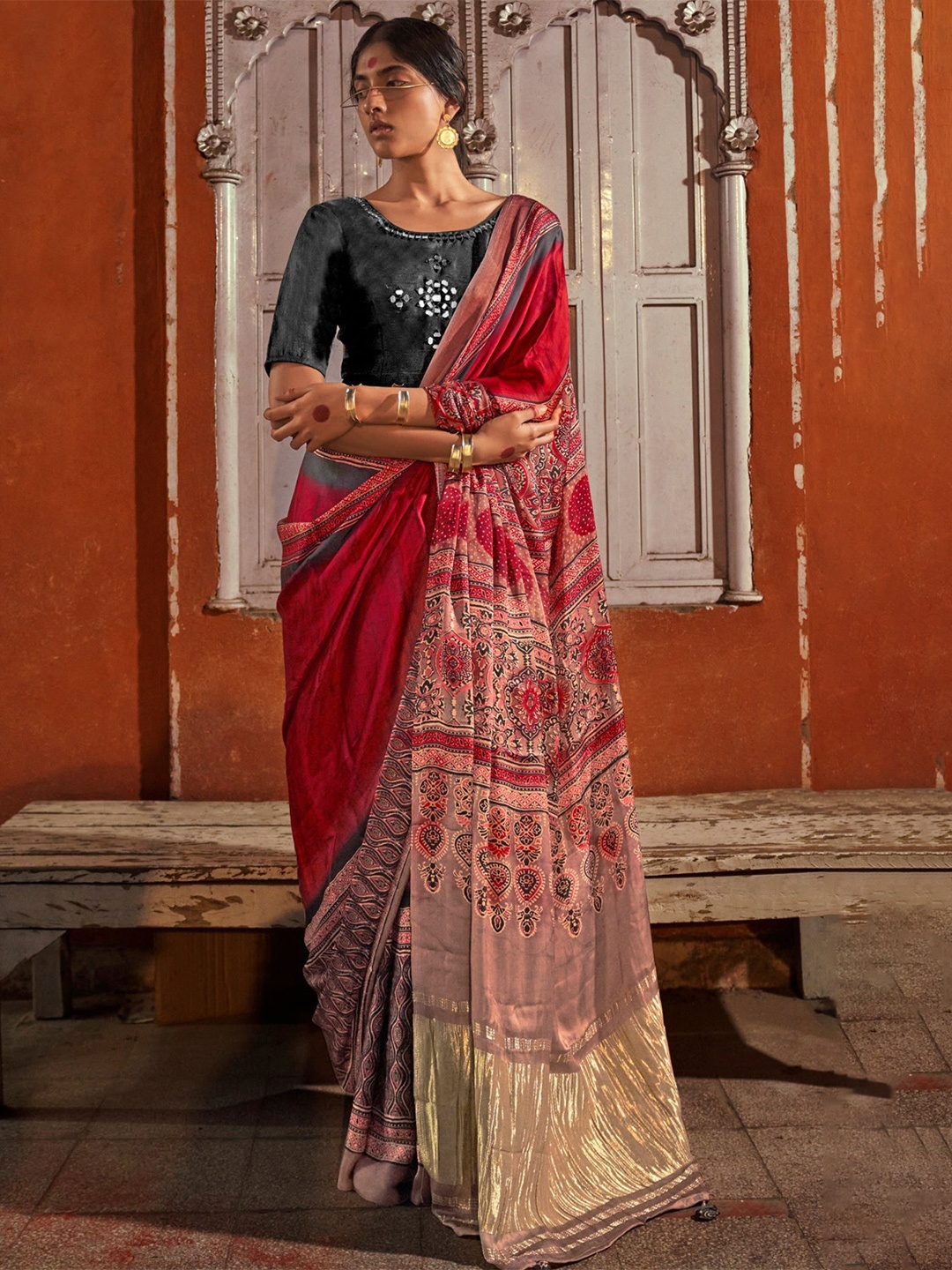 

MySilkLove Women Ajrak Block Zari Satin Saree, Red
