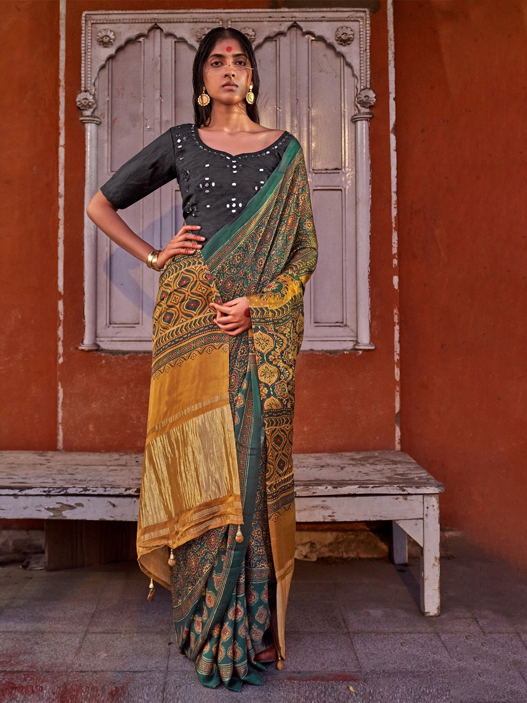 

MySilkLove Women Ajrak Block Satin Saree, Green