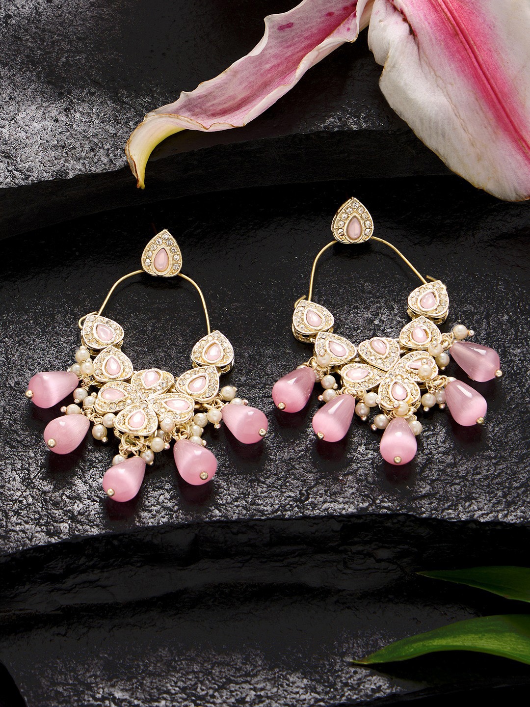 

Zaveri Pearls Gold-Plated Austrian Diamond Stone Studded & Beaded Drop Earrings