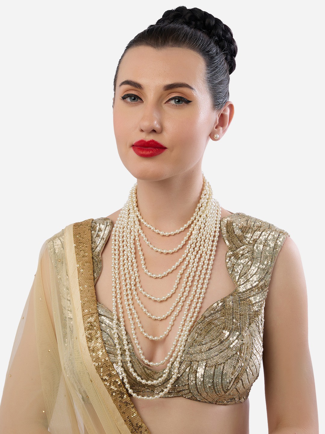 

Zaveri Pearls Gold-Plated Multilayers Long Pearls Beaded Jewellery Set