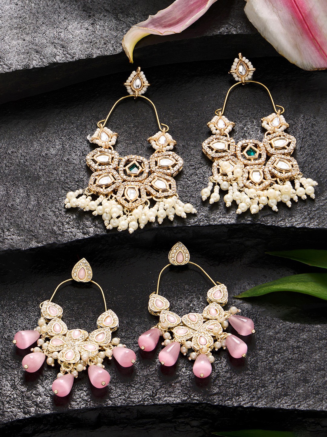 

Zaveri Pearls Set of 2 Gold-Plated Austrian Diamond Stone Studded & Beaded Drop Earrings