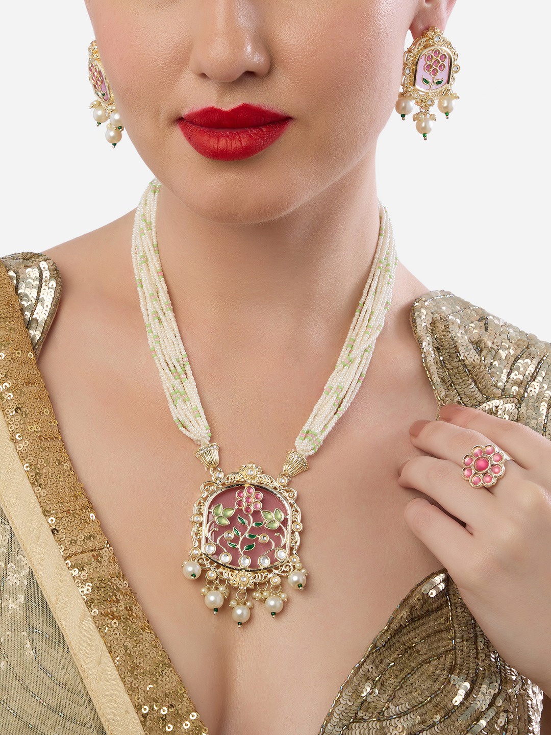 

Zaveri Pearls Gold-Plated Kundan-Studded & Beaded Multistrand Jewellery Set