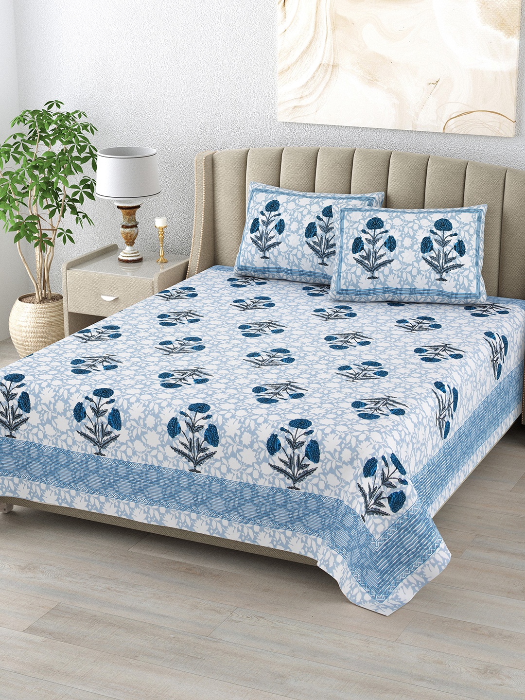 

DE CAMA Blue Floral Pure Cotton 210 TC King Bedsheet with 2 Pillow Covers 2.28 x 2.74 Mts