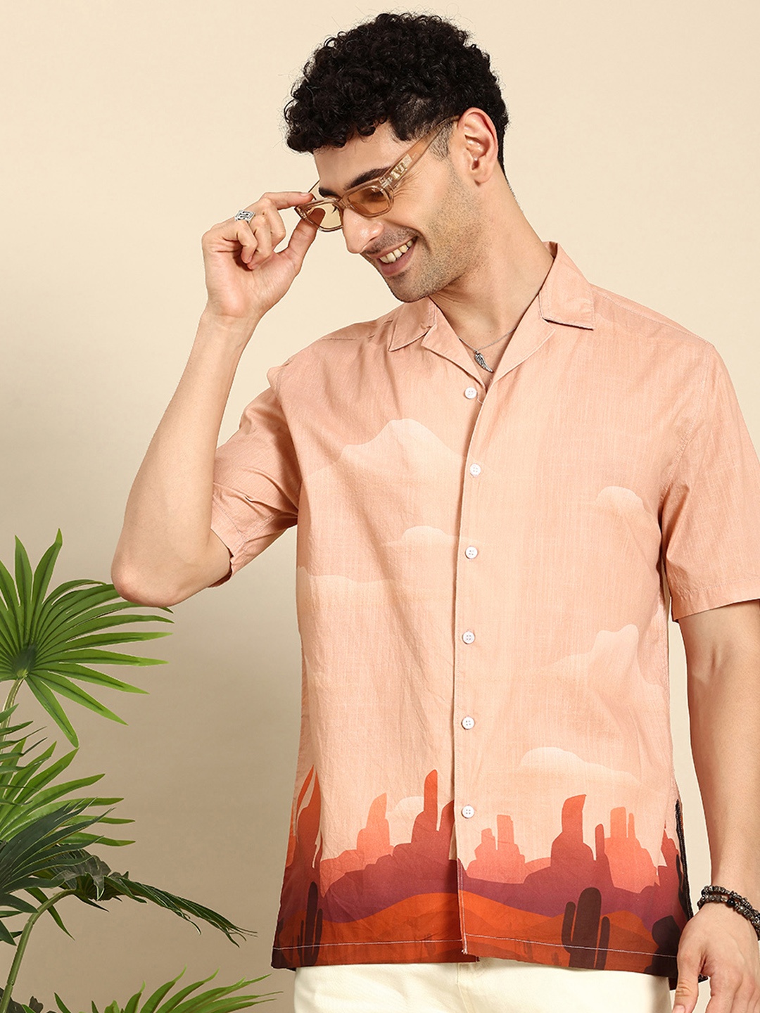 

Mast & Harbour Graphic Printed Pure Cotton Casual Shirt, Peach