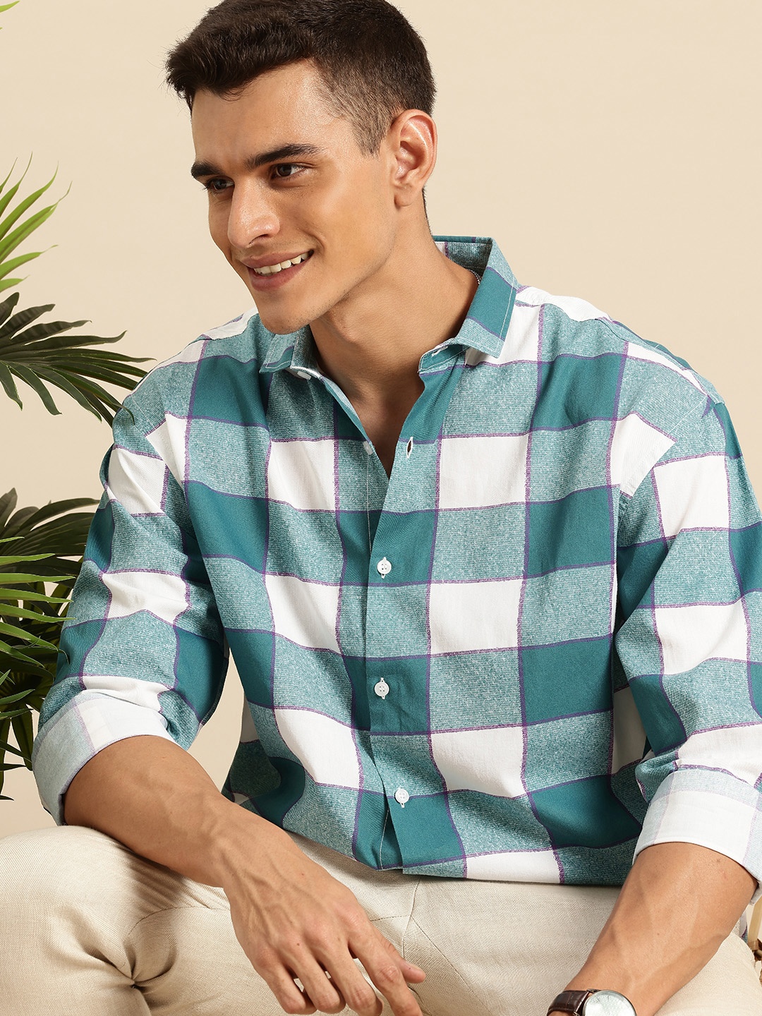 

Mast & Harbour Opaque Checked Pure Cotton Relaxed Fit Casual Shirt, Sea green