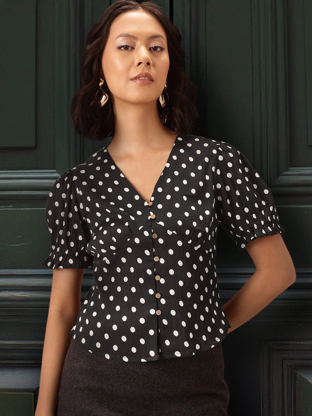 

all about you Polka Dot Print Shirt Style Top, Black