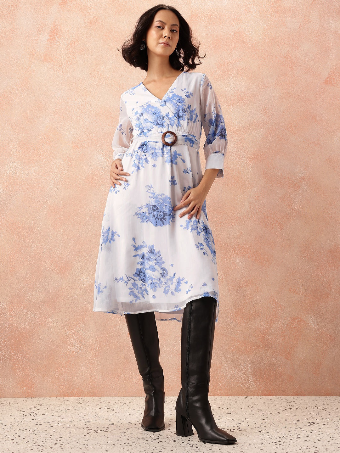 

all about you Floral Print A-Line Midi Dress with Belt, White