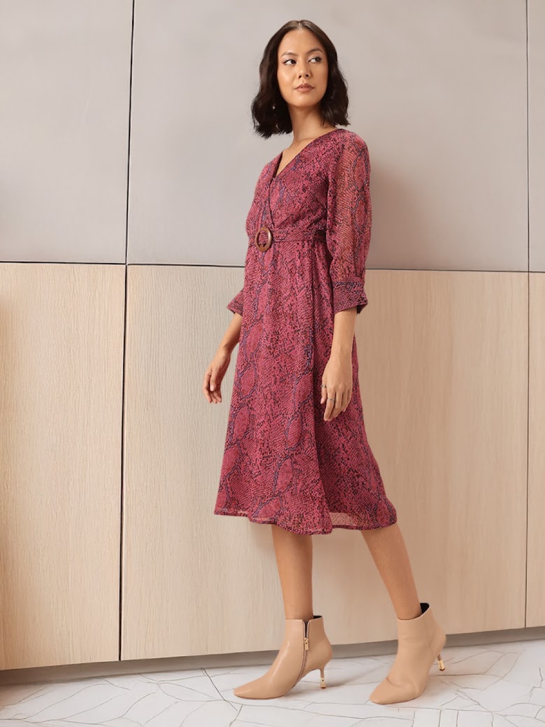 

all about you Animal Print Midi Wrap Dress with Belt, Red
