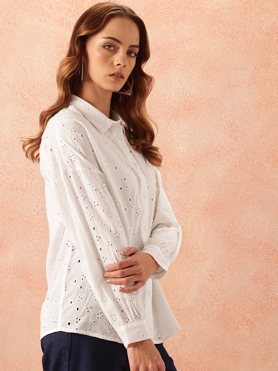 

all about you Schiffli Embroidered Pure Cotton Semi-Sheer Shirt, White