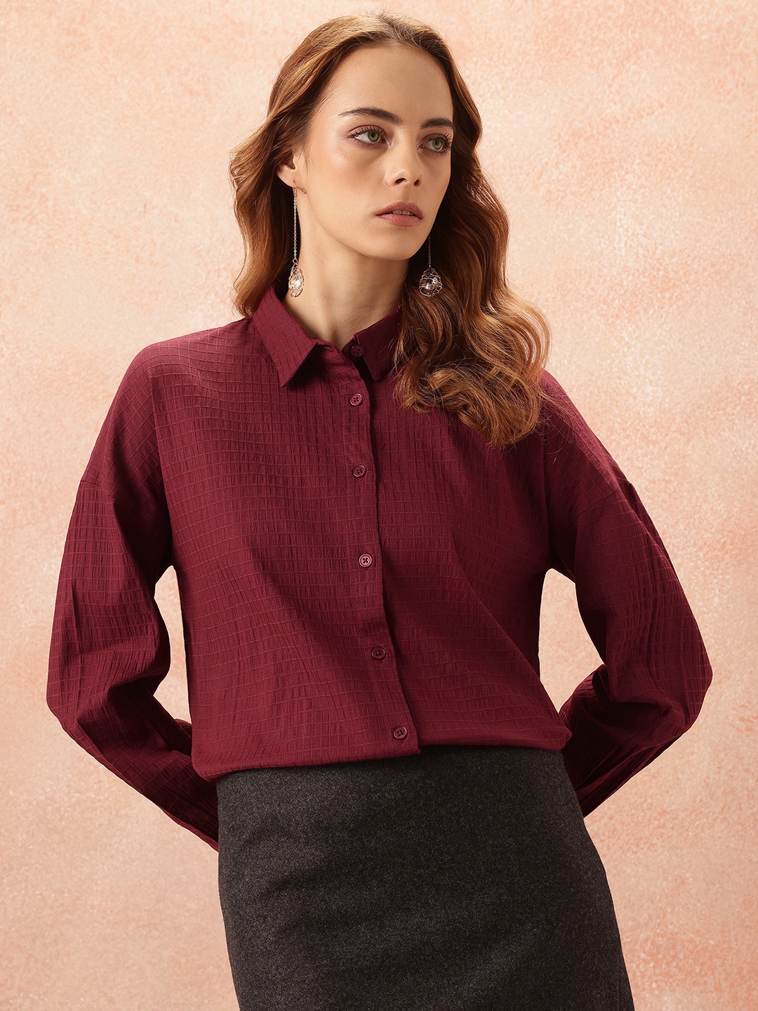 

all about you Geometric Design Pure Cotton Casual Shirt, Maroon