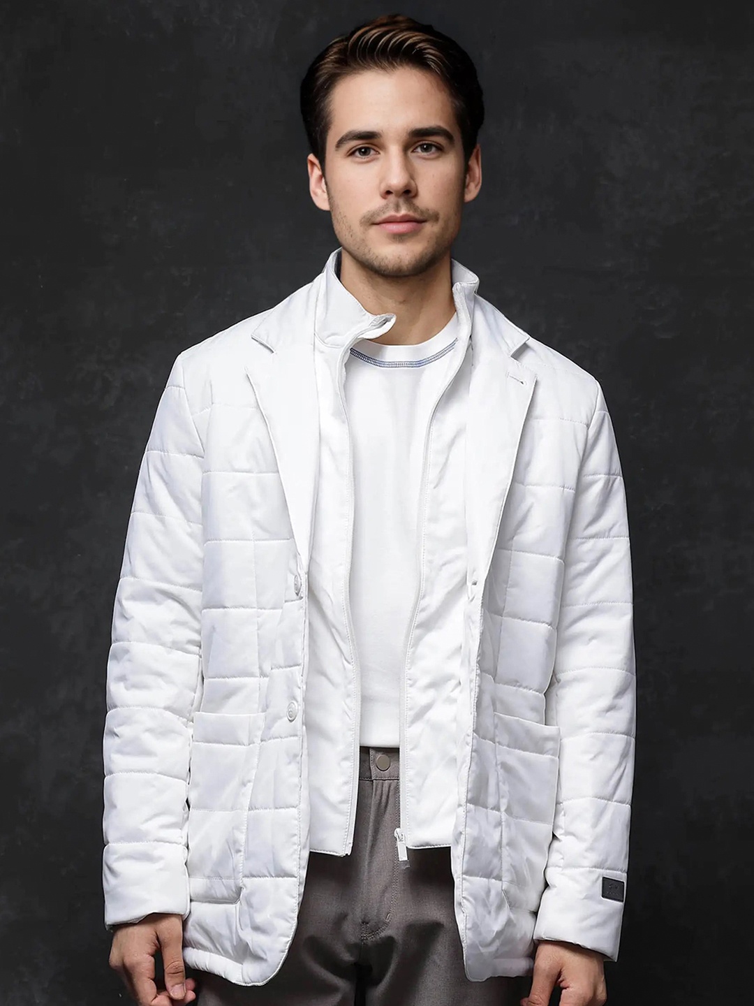 

RARE RABBIT Men Lapel Collar Solid Casual Padded Jacket, Off white