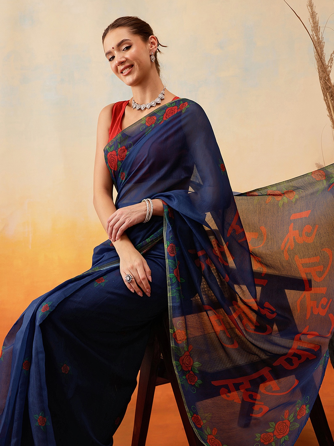 

Silk Land Floral Printed Ready to Wear Chanderi Saree, Navy blue