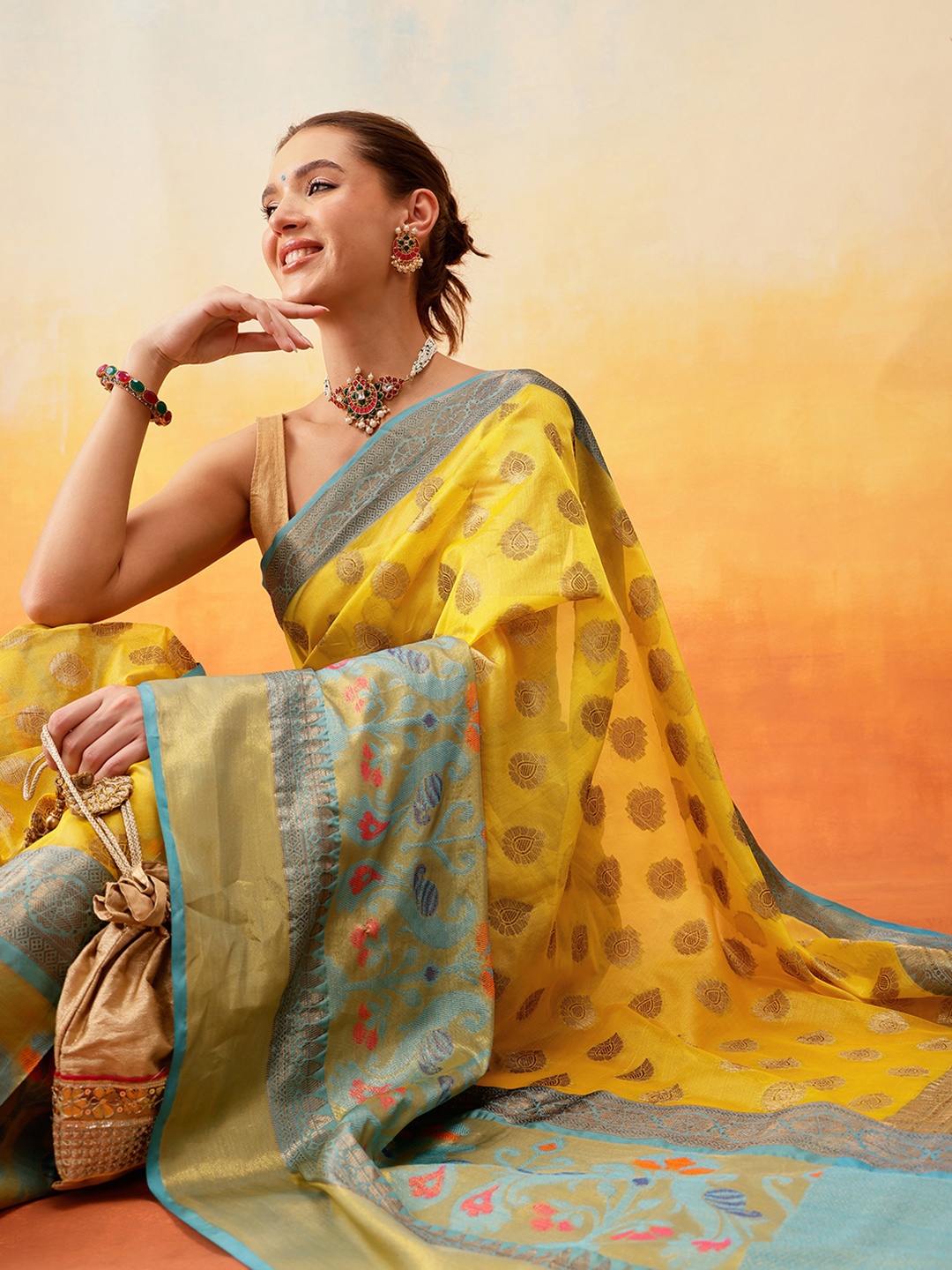 

Silk Land Woven Design Zari Ready to Wear Banarasi Saree, Yellow