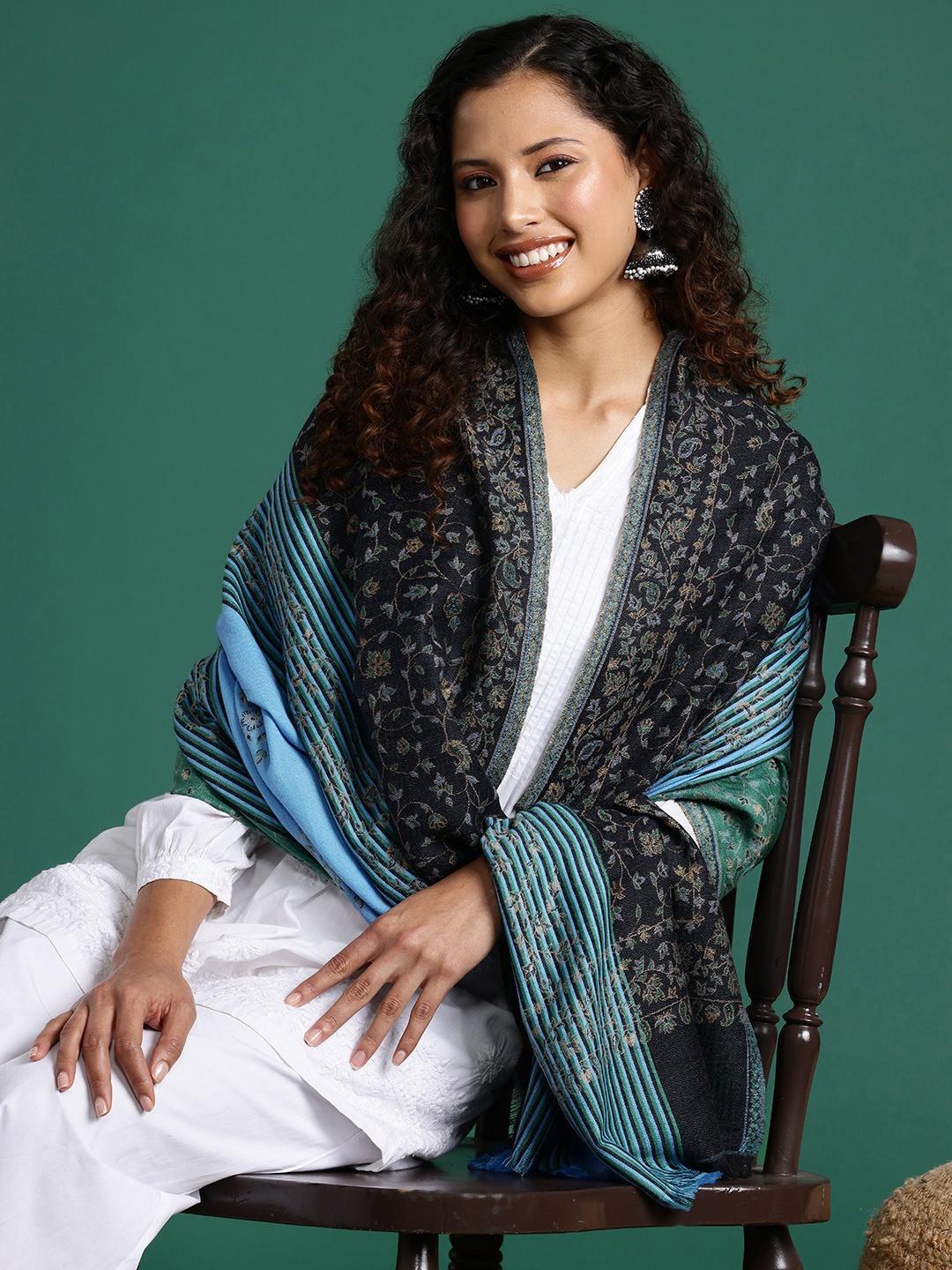 

Sangria Floral Woven Design Shawl, Green