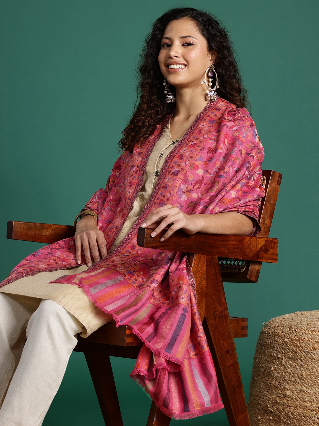 

Sangria Women Floral Woven Design Shawl, Pink