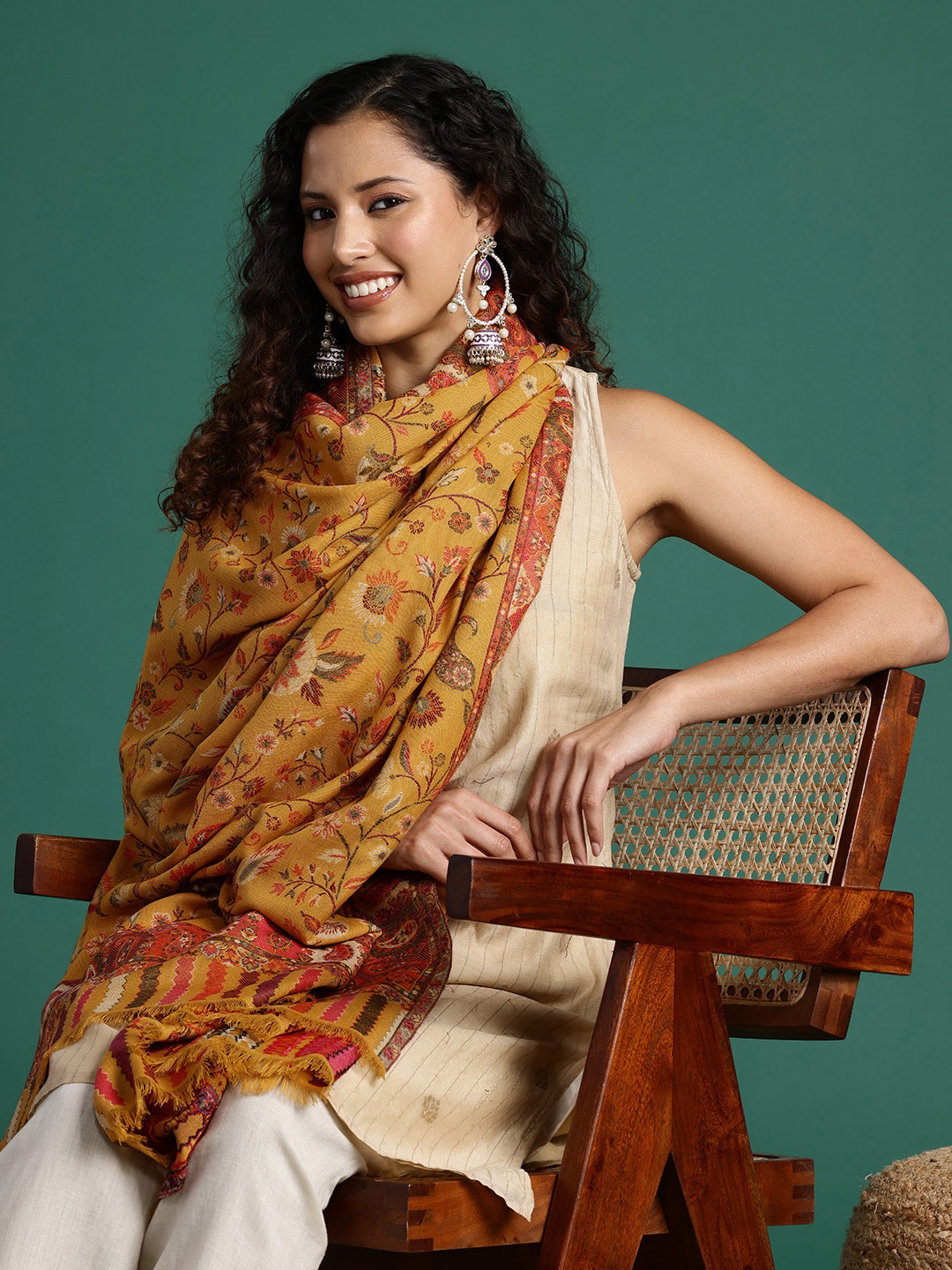 

Sangria Women Floral Woven Design Shawl, Mustard