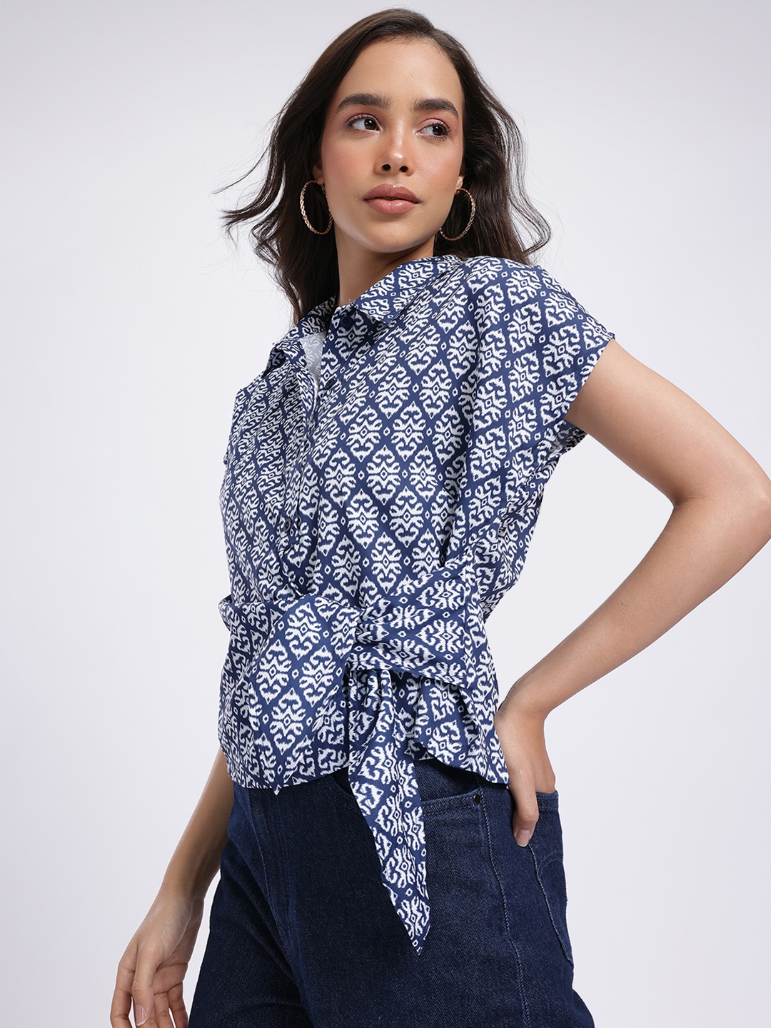 

glitchez Boho Chic Ikat Print Tie-Up Shirt Style Top, Blue
