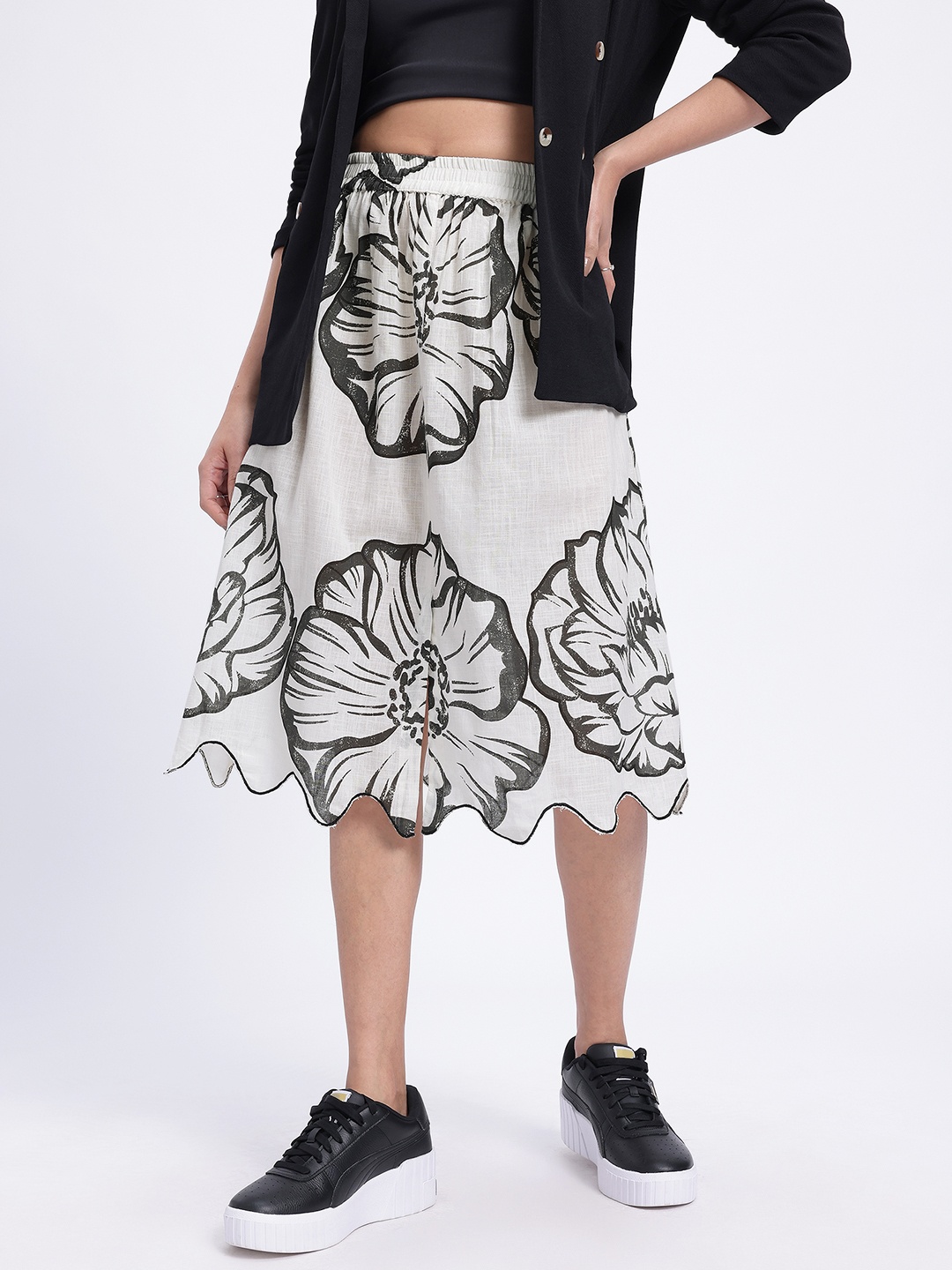 

glitchez Petal Power Floral Print Scalloped Hem A-Line Skirt, White