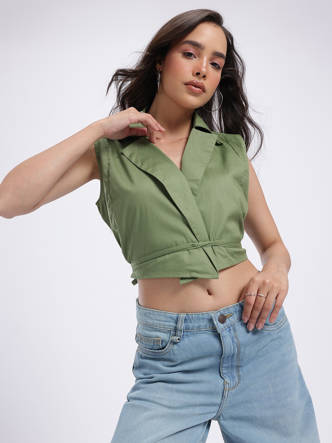 

glitchez Chic Lapel Crop Wrap Vest Top, Green