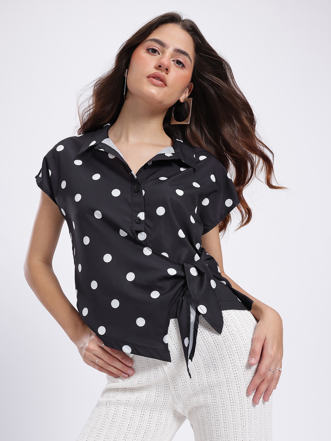 

glitchez Polka Pop Monochrome Tie-Up Shirt Style Top, Black