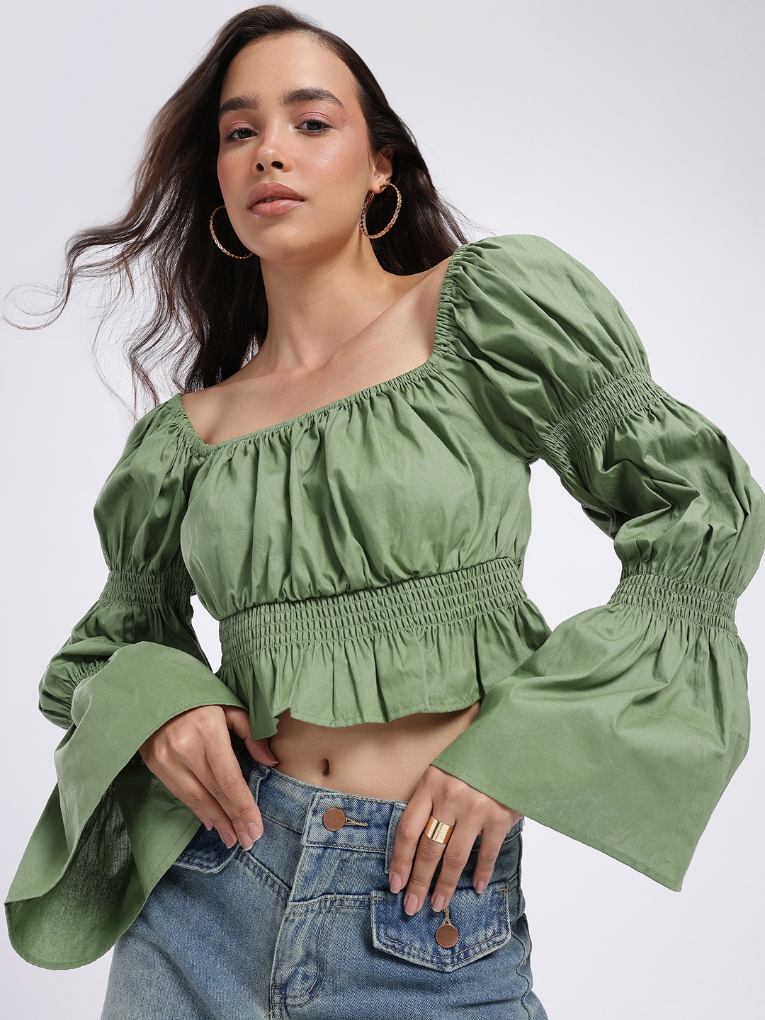 

glitchez Cinched Chic Puff Sleeve Smocked Top, Green