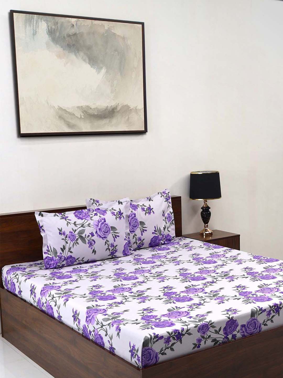 

BOMBAY DYEING Cardinal Purple Floral Pure Cotton 120 TC King Bedsheet Set 2.74 m X 2.74 m