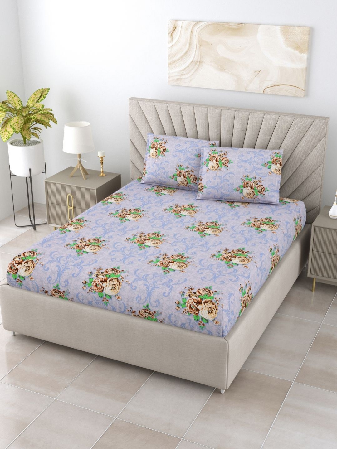 

BOMBAY DYEING Dream Lover Purple Floral Pure Cotton 104TC King Bedsheet Set 2.74 m X 2.74m