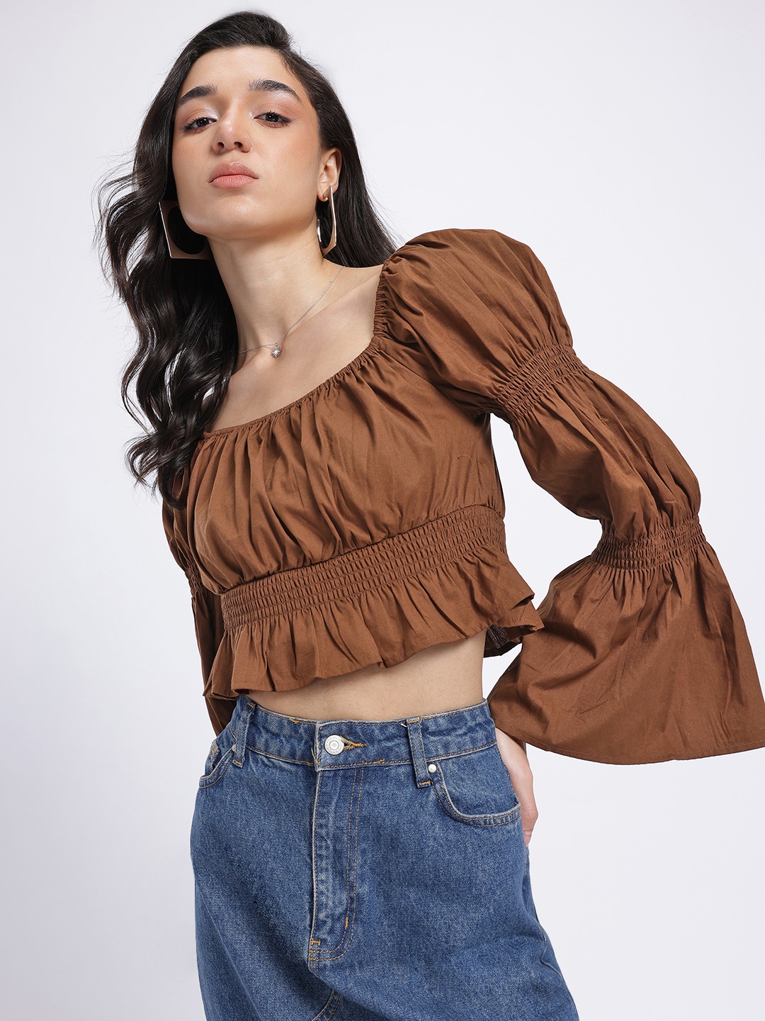 

glitchez Bell Sleeves Ruched Smocked Crop Top, Brown