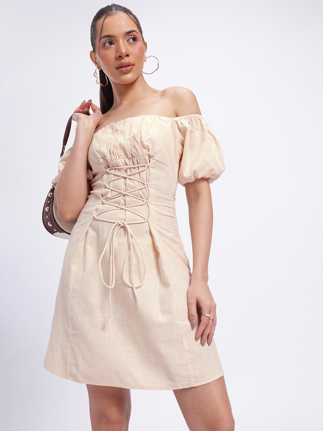 

glitchez Dolly Bird Pure Cotton Off-Shoulder Puff Sleeves Lace-Up Detail Mini A-Line Dress, Off white