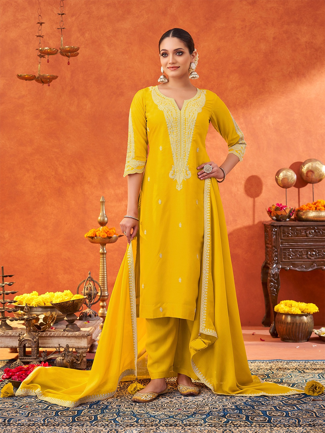 

Shaily Floral Yoke Design Zari Straight Kurta with Trousers & Dupatta, Yellow